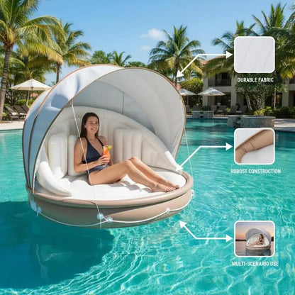 Inflatable Canopy Island Tanning Pool Lounger Float with Retractable Canopy