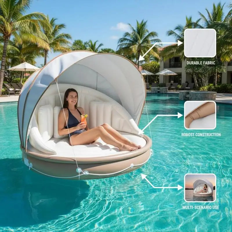 Inflatable Canopy Island Tanning Pool Lounger Float with Retractable Canopy