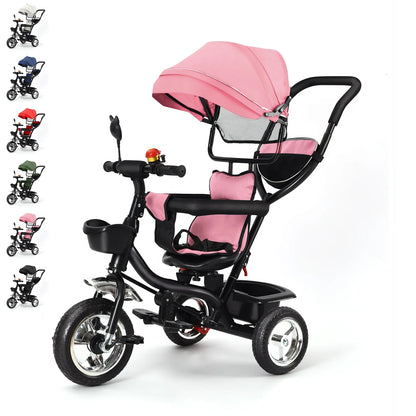 Baby scalable Tricycle 1 to 5 years, bike for elderly plus children, reversible seat, large basket and bag, larger wheels, with thrust handle, green/pink/black/red/blue/gray