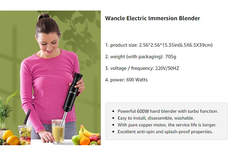 Wancle 600W Electric Hand Immersion Blender Multifunctional Stick Mixer For Baby Food Vegetable Meat Grinder Turbo Function