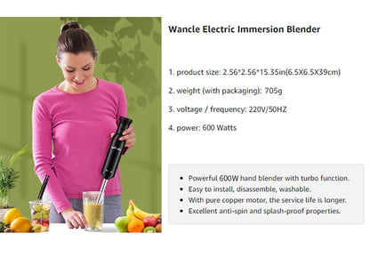Wancle 600W Electric Hand Immersion Blender Multifunctional Stick Mixer For Baby Food Vegetable Meat Grinder Turbo Function