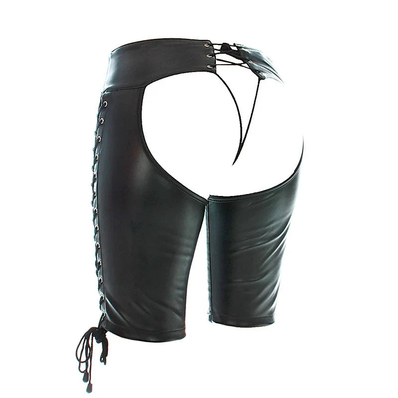 Men PU Leather Open Crotch Shorts Lace Up Adjustable Fetish Pants Buttless Underwear BDSM Lingerie Costume Adult Wear for Men