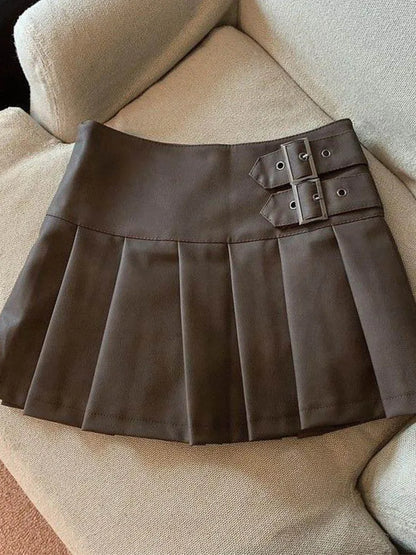 S-3XL Y2K Pu Leather Mini Skirts Women Streetwear High Waist Pleated Skirt Vintage Korean Black Slim Casual A Line Skirts