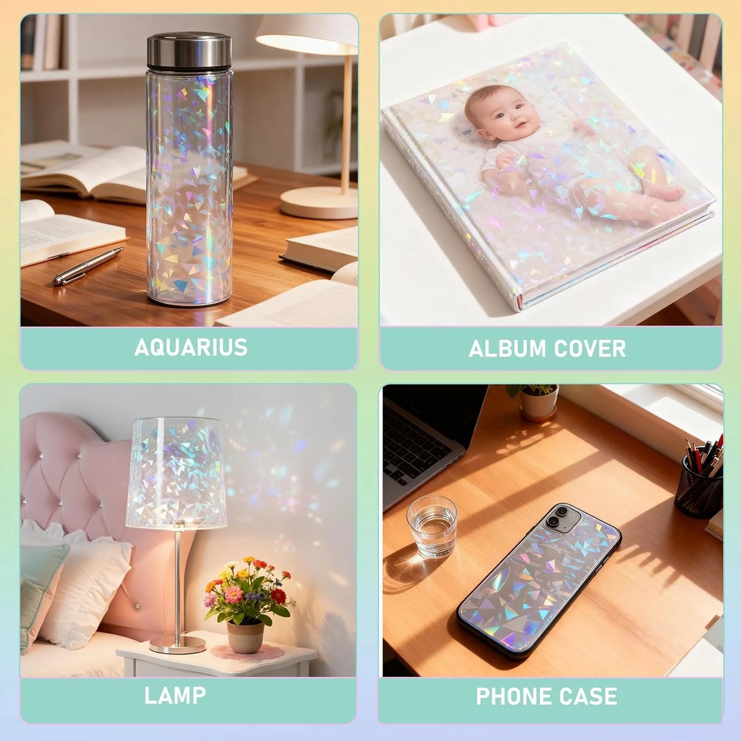 20 Sheets 6 Style A4 Holographic Cold Laminating Film Clear Waterproof Self-Adhesive Vinyl Sticker Paper 8.3x11.7 Inch