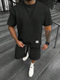 Men's Textured Letter Patched Round Neck Tee & Drawstring Shorts Two-Piece Set Regular Fit Casual Short Sleeve T shirt & Shorts
