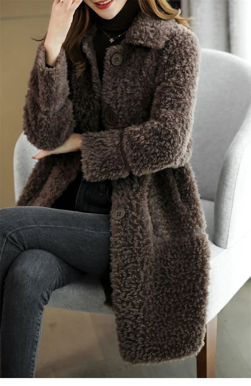Female Winter Slim Grain Wool Middle Long Coat Women New Middle-Aged And Elderly Cashmere Thickened Imitation Lamb Wool Overcoat