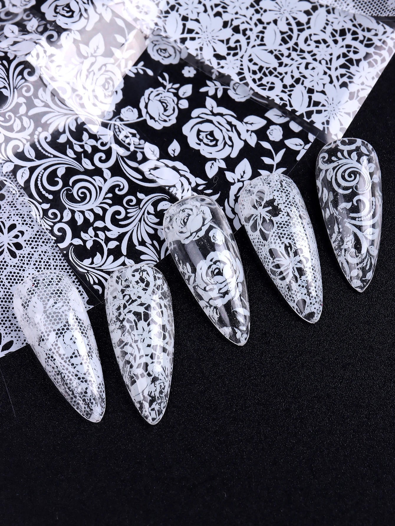 10 Sheets Lace Nail Foil White & Black Nail Stickers Design Transfer Foils Starry Sky Paper Nail Art Foil Decals for Nails Salon