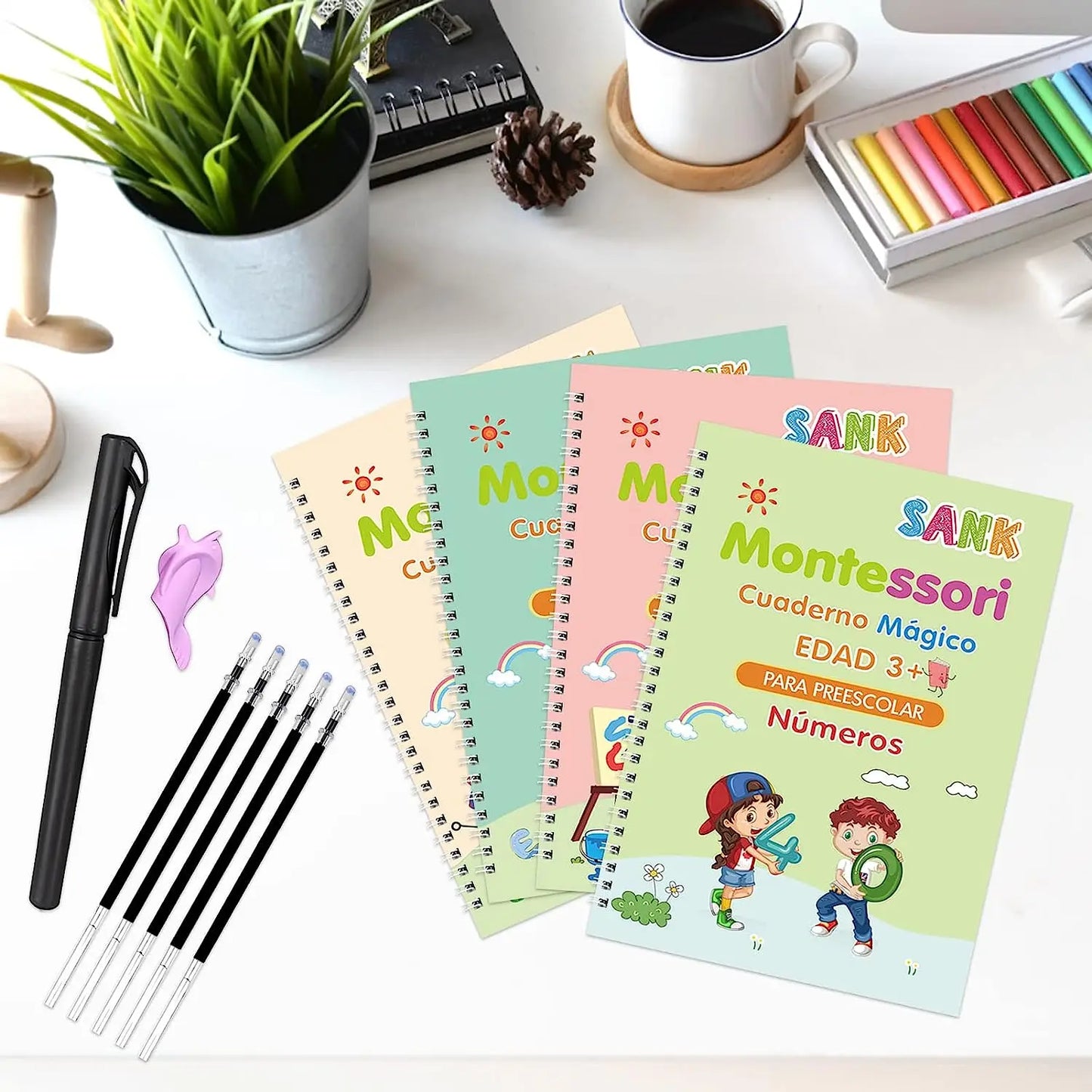 4 Books Spanish Montessori Magic Practice Copybook Set Reusable Handwriting Tracing Workbook Alphabet Number Math Drawing