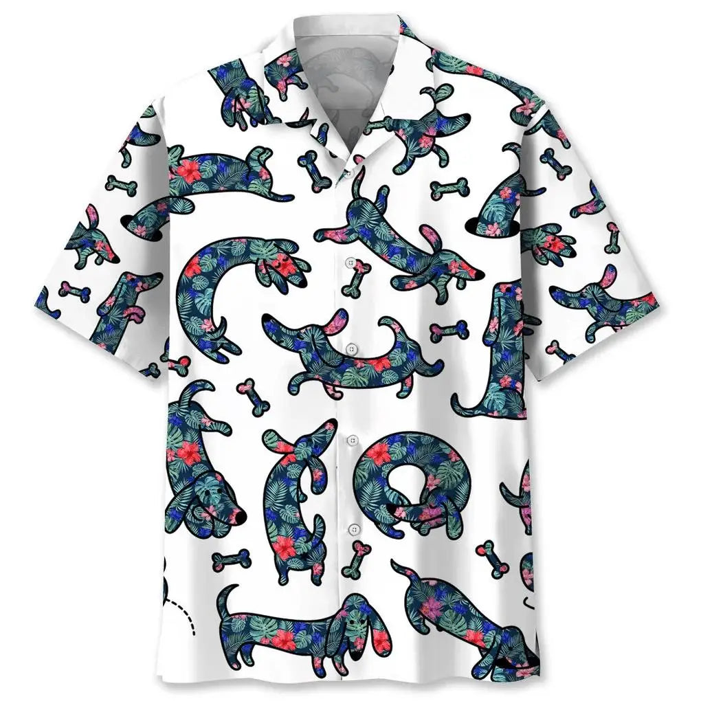 Cute puppy print Hawaiian men's short-sleeved shirt 2024 new casual lapel top fashion plus size