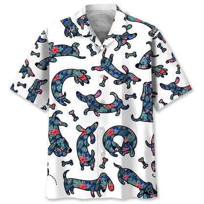 Cute puppy print Hawaiian men's short-sleeved shirt 2024 new casual lapel top fashion plus size