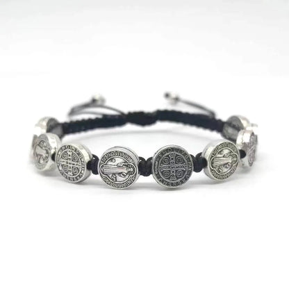 Vintage Virgin Mary and Jesus Exorcist Holy Card Hand Woven Adjustable Bracelet for Men's Religious Jewelry