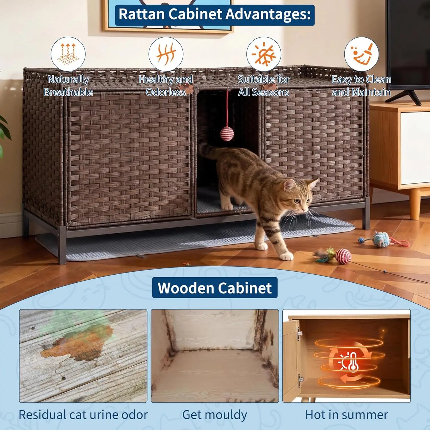 Rattan Cat House Double Cat Litter Box Enclosure Furniture 2 Cats | Double Room Cat Cabinet, with Washable Litter Mat & 2 Hooks, Easy Assembly, 47.2"L x 19.7"W x 23.6"H Walnut