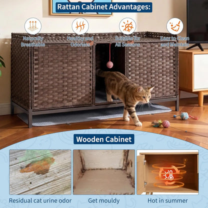 Rattan Cat House Double Cat Litter Box Enclosure Furniture 2 Cats | Double Room Cat Cabinet, with Washable Litter Mat & 2 Hooks, Easy Assembly, 47.2"L x 19.7"W x 23.6"H Walnut