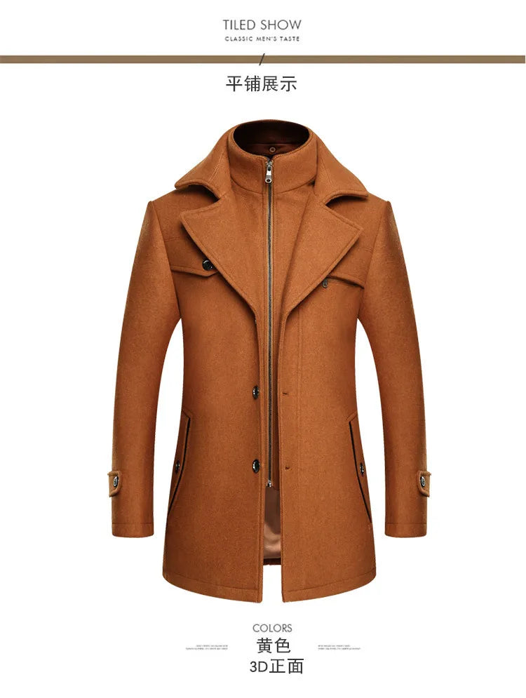 Autumn Winter Double Collar Woolen Coats Men Thick Business Casual Wool Blends Trench Coat Male Solid Turn Down Collar Outerwear