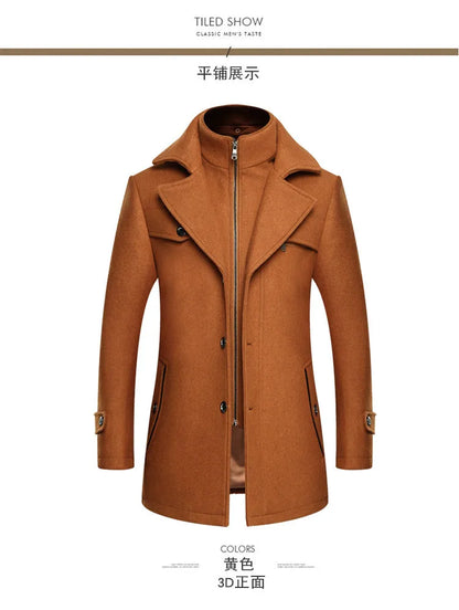 Autumn Winter Double Collar Woolen Coats Men Thick Business Casual Wool Blends Trench Coat Male Solid Turn Down Collar Outerwear
