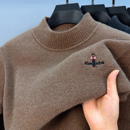 Light luxury brand round neck sweater knitted plush thicken warm pullover cartoon character embroidery fashion golf men's wear