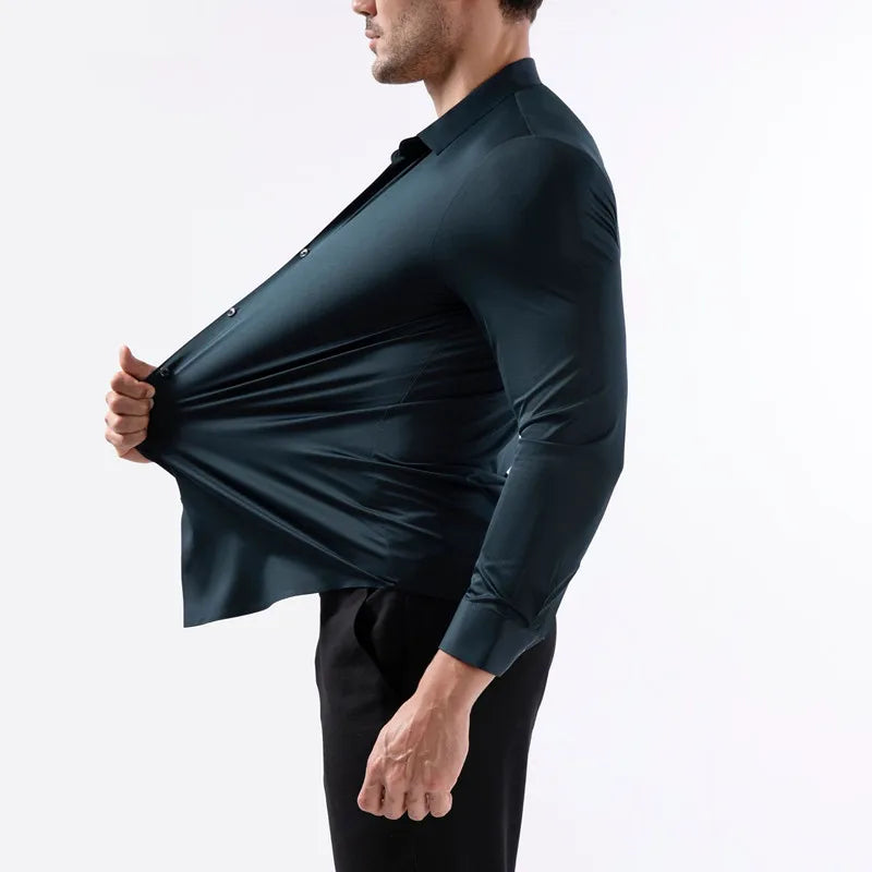 100KG Non-Iron Four-way High Stretch Men's Long Sleeve Shirt Silky Soft Sommth Blue Black Business Party Wedding Male Clothing