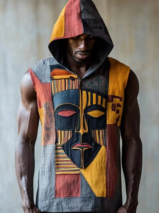 Ethnic Men's Summer Sleeveless linen Casual Pullover Hoodie Top 2025 Vintage Print V-neck Trendy Perspective Hoodie Sweatshirt