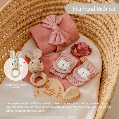 Newborn Bath Set Baby Towel Cotton Blanket Pacifier Chain Bracelet Crochet Rattle Toy Newborn Birth Bath Towel Gift Box