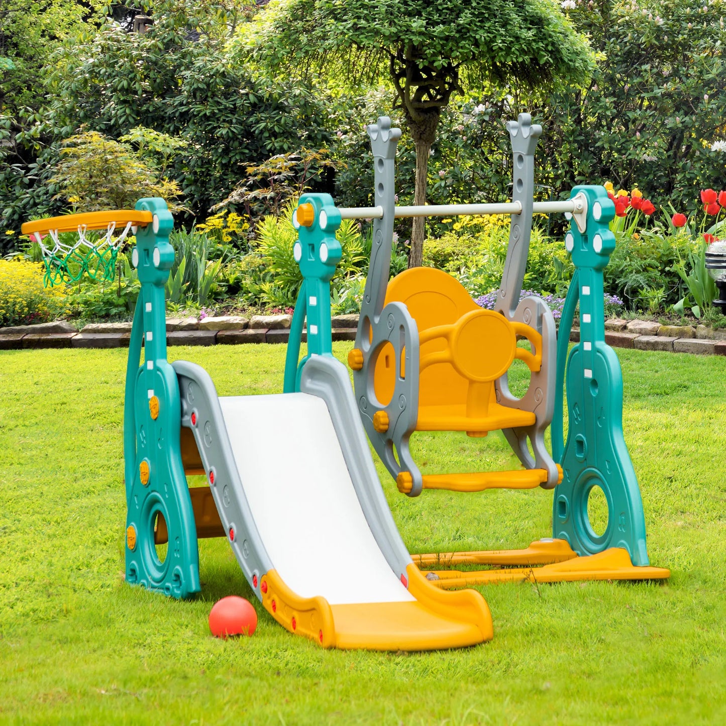 4-in-1 children’s slide and swing with basketball hoop, adjustable seat, 152x149x107cm, blue and yellow