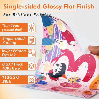 100 Sheets A4 Printable Single Side Photo Paper for Inkjet Printer, Bright Color, Suitable for Photography, Family, Festivals