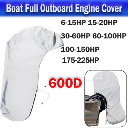 600D Boat Full Outboard Engine Cover Heavy Duty Silver Engine Motor Covers Protector For 6-225HP Waterproof