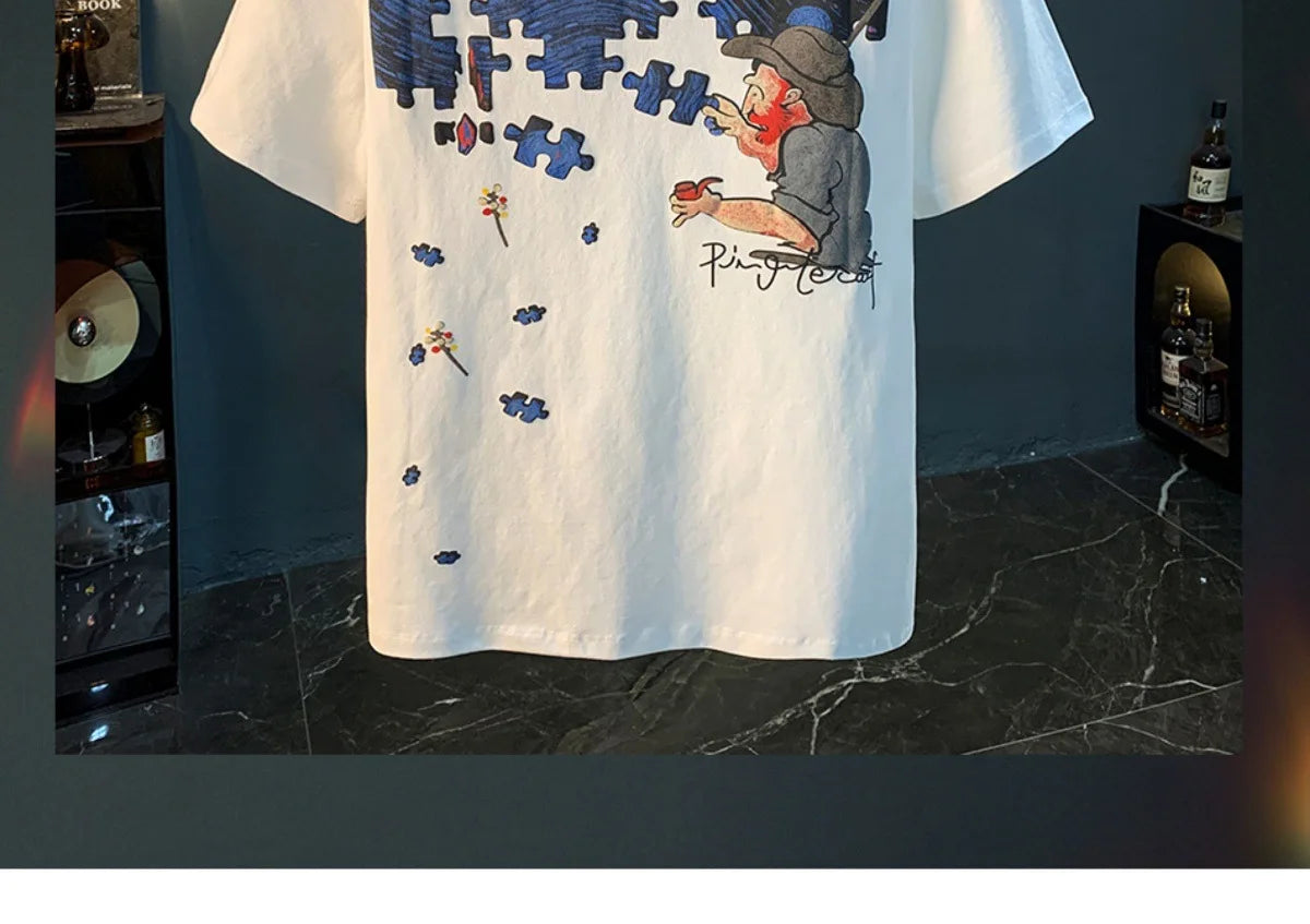 Fashionable men's T-shirt trend abstract artistic print summer loose combed cotton comfortable short sleeved top