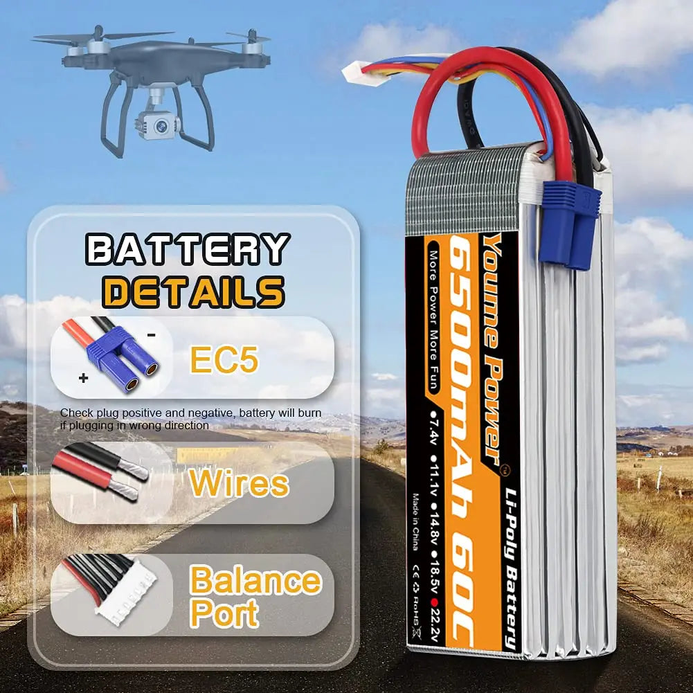 Youme 6S 22.2V 6500mah 5200mah RC Lipo Battery 22.2V XT60 XT90 EC5 RC Airplane Helicopters Car Boat Truck Parts