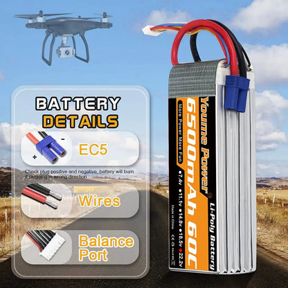 Youme 6S 22.2V 6500mah 5200mah RC Lipo Battery 22.2V XT60 XT90 EC5 RC Airplane Helicopters Car Boat Truck Parts