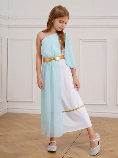 Halloween Virgin Mary Costume for Kids Girls Fancy Greek Princess Cosplay Long Sleeve Ruffle Dress with Chiffon Cape Theme Party
