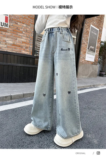 New 4-14 Years Spring Autumn Teenage Girls Jeans Full Print Bow Embroidery Fashion Wide-leg Denim Pants For Kids