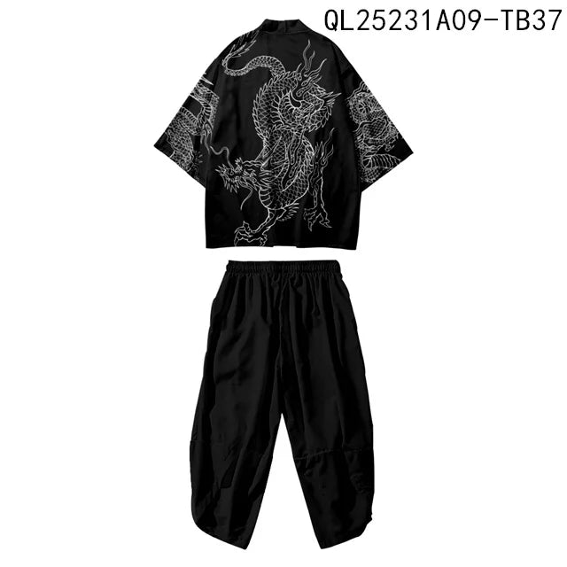 Large Size 5XL 6XL Japanese Kimono Cardigan Pants Set Print Fox Men Women Shirt Tradition Yukata Haori Obi Cosplay Costume