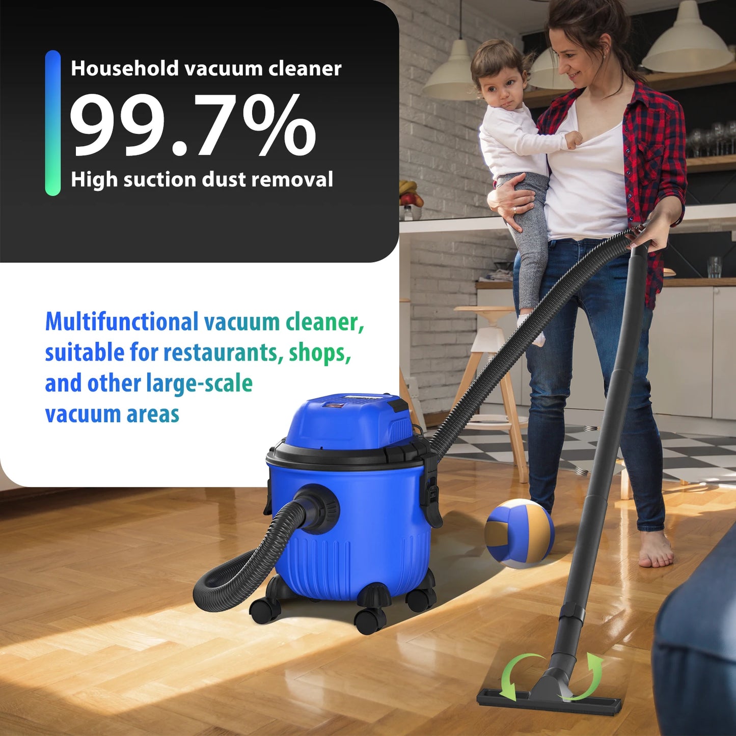 DayPlus Industrial Vacuum Cleaner Hoover Wet and Dry 4800W Powerful Suction Bagless, 16Kpa, 15 Litre Capacity, 4 Caster Wheels