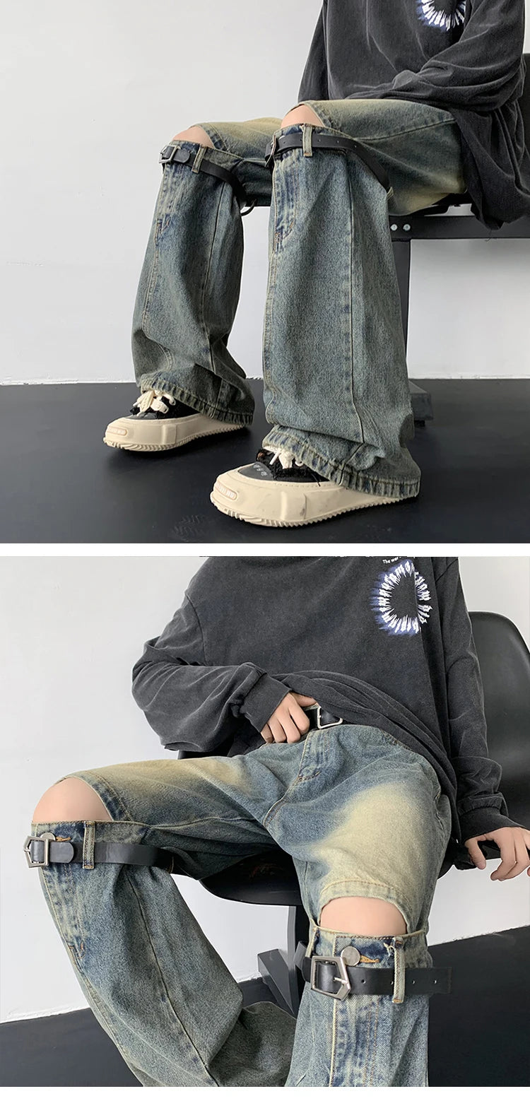 Men's Jeans Retro Trousers Knee Holes Splicing High Street Loose Denim Trousers Flared Jeans Straps Cowboy Casual Long Pants
