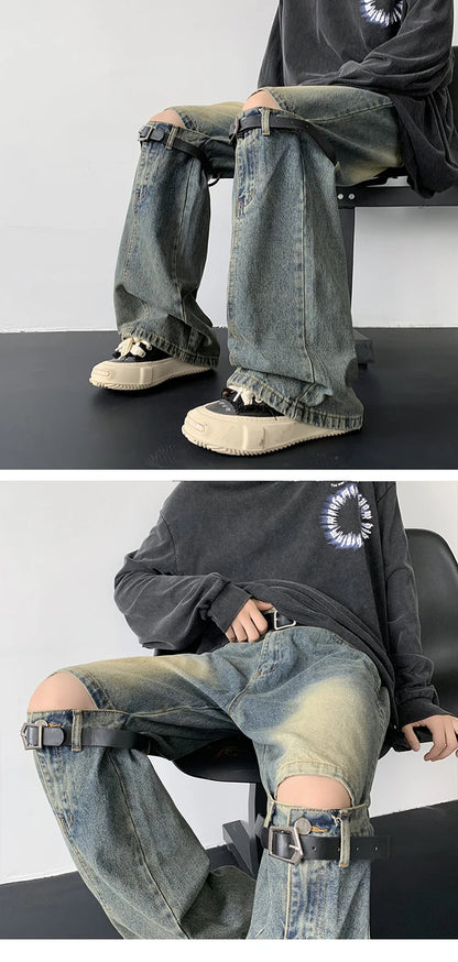 Men's Jeans Retro Trousers Knee Holes Splicing High Street Loose Denim Trousers Flared Jeans Straps Cowboy Casual Long Pants