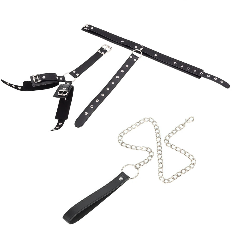 Bondage Restraint Kit Adjustable Collar & Wrist Cuffs Durable PU Leather Fetish Play Set for Adult Couples