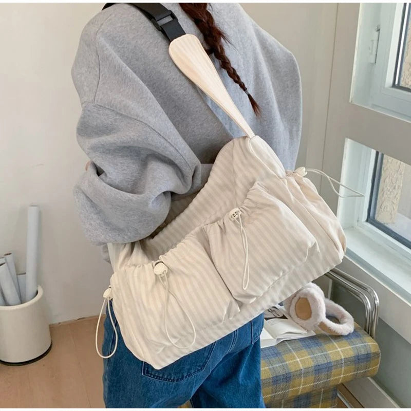 Korean Nylon Shoulder Bag Fashion Simple Plaid Zipper Tote Bag Drawstring Pleated Cloud Bag New Commuter Crossbody Shoulder Bag