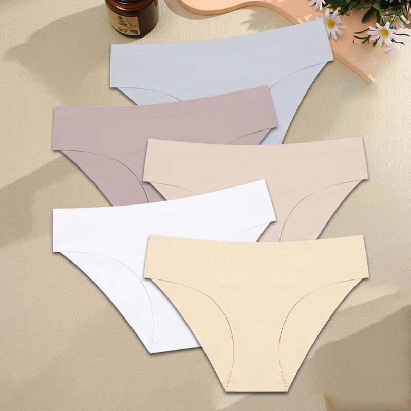 FINETOO 5PCS Seamless Panties for Women Sexy Ice Silk Underwear Soild Briefs Low Waist Comfortable Invisible Lingerie Intimates