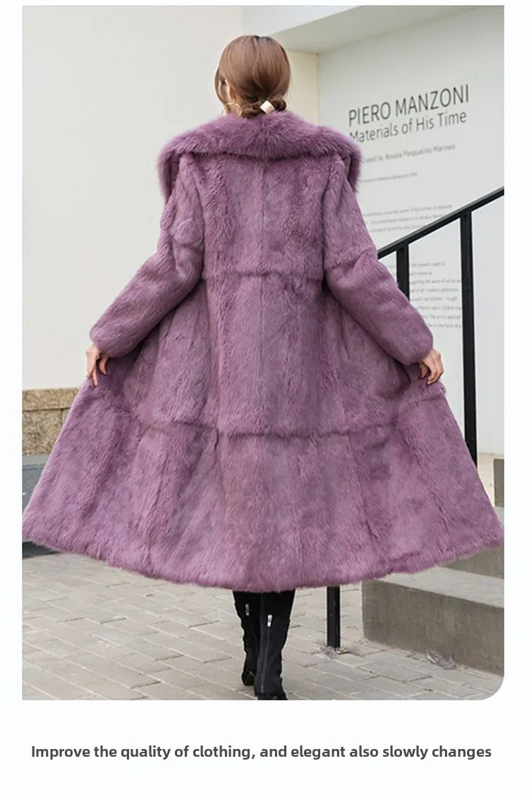 Real Rex Rabbit Fur Coat Women Autumn Winter Long Jacket Thick Warm New Fashion Fox Fur Collar Elegant Female Warm Outerwear