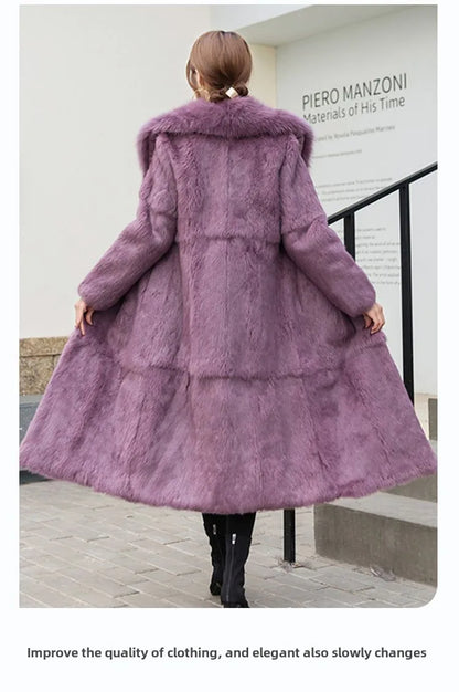 Real Rex Rabbit Fur Coat Women Autumn Winter Long Jacket Thick Warm New Fashion Fox Fur Collar Elegant Female Warm Outerwear