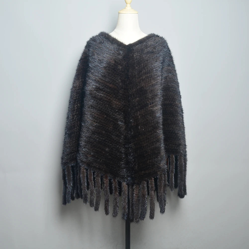 Fashion Women Fur Shawl Winter Knitted Real Mink Fur Stole With Fur Hood Knitted Mink Poncho Pashmina