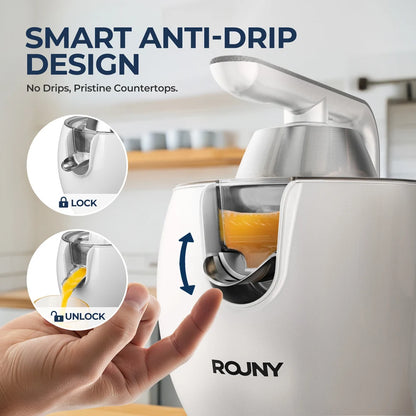 ROUNY Electric Citrus Juicer, Orange and Lemon Press with Stainless Steel Spout, BPA-Free Parts and Easy-Clean Design
