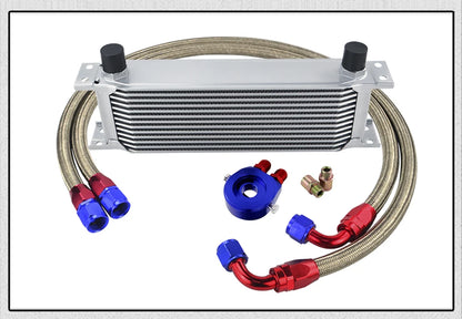 Universal 13 Rows Oil Cooler Kit + Oil Filter Sandwich Adapter + Nylon Stainless Steel Braided An10 Hose W/ PQY Sticker+Box