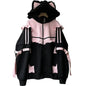 Cute Cat Ears Contrast Color Hoodies Coat Women Ruffled Patchwork Loose Sweatshirt Harajuku Zipper Y2k Aesthetic Casual Hoody