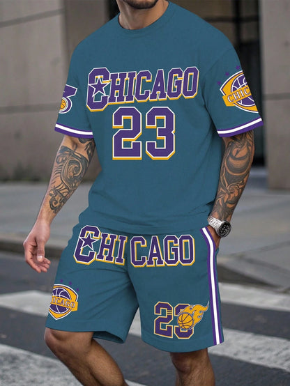 Men's Sports Short Sleeve Top Shorts Set Plus Size Breathable Basketball Sports Clothing Letter Print T-shirt Shorts 2-piece Set