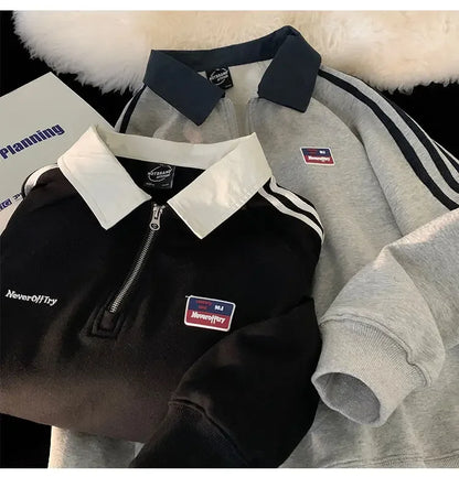 American Style Autumn Winter Oversize Sweatshirts Men Lapel Letter Zipper Printing Label Fashion Trend Long Sleeve Loose Hoodies