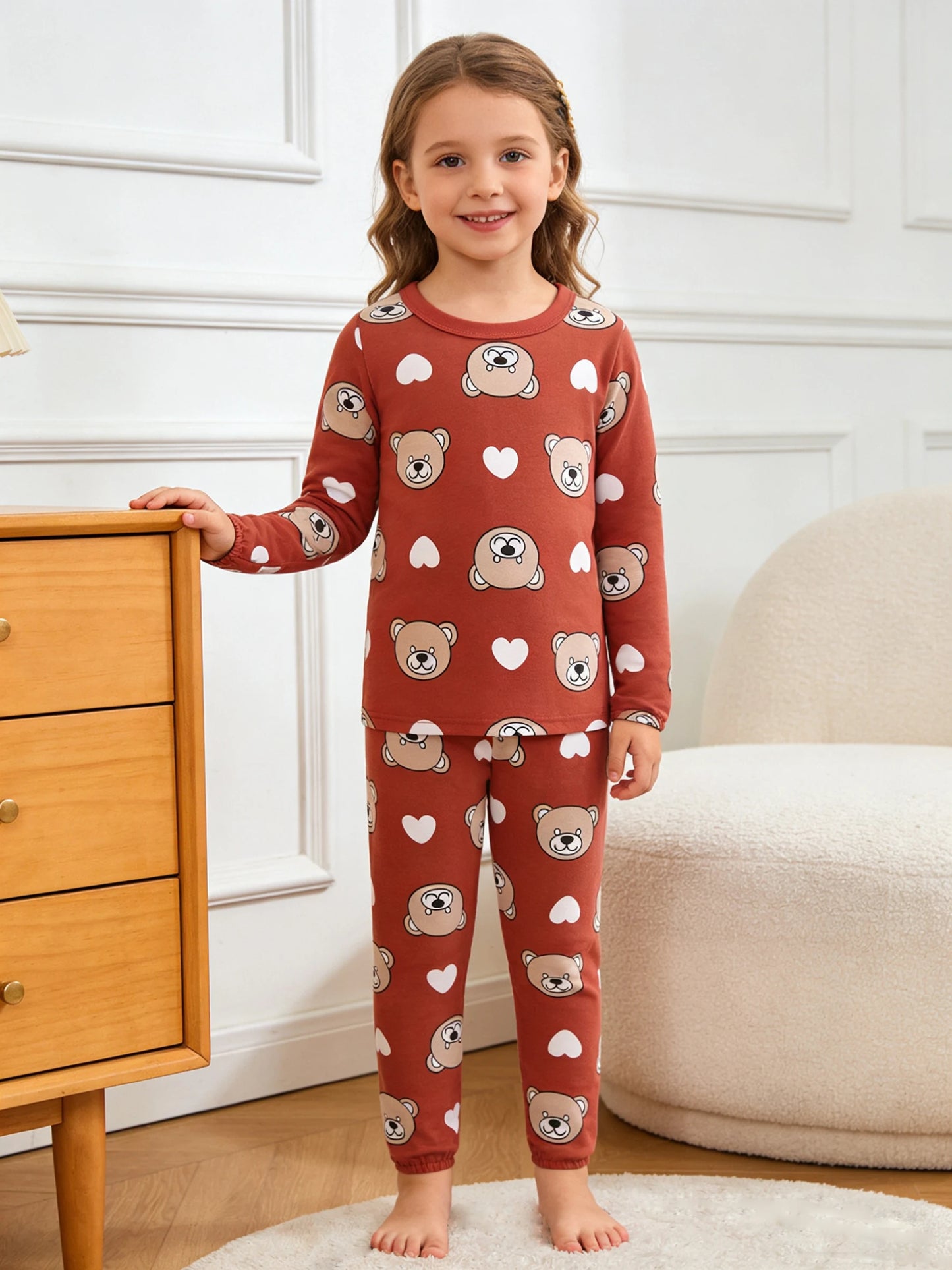 1-8 Years Kids Cotton Pajamas Set, Boys Girls Long Sleeve Home Wear, Cute Bear Print Sleepwear for Toddlers