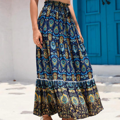 Women's Casual Temperament Skirt Women's Fashionable Bohemian Printed Elastic Waist Temperament Skirt Big Sway Temperament Skirt