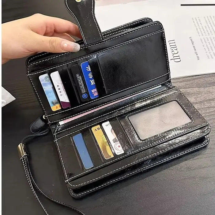 Vintage Hollow PU Long Wrist Wallet, Multi Card Slots Snap Zipper Ladies Purse For ID Cards Cash Bank Cards