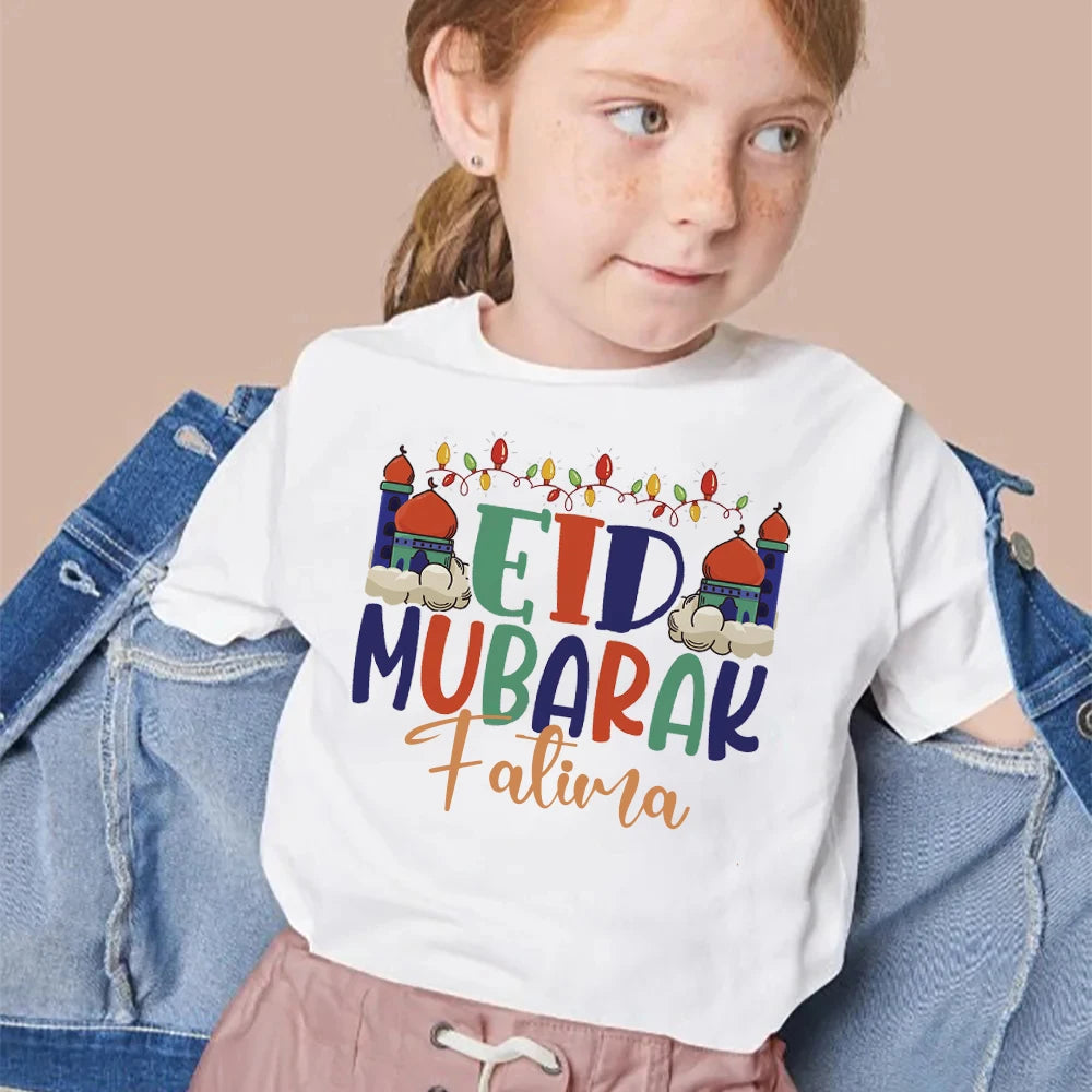 Personalized Eid Mubarak Printed Kids Shirts Custom Name Eid Ramadan Child T-shirt Tops Islamic Muslim Holiday Boys Girls Outfit